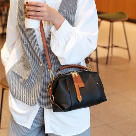 Stylish Genuine Leather Boston Pillow Bag for Women - Versatile Crossbody & Shoulder Handbag with Golden-Toned Hardware, Black/Brown/White/Cream/Dark Blue Options, Perfect for Everyday Use, Secure Travel Purse | Chic Leather Bag | Strap Detailing