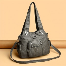 Vintage Faux Leather Crossbody Bag with Removable Strap and Zipper Closure, Solid Color Messenger Bag, Polyester Lined Handbag for Everyday Travel - Baigou Crafted