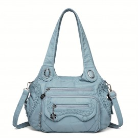 Women'S Retro Y2K Punk Style Tote Handbag with Multiple Pockets - & Vintage 2000s Fashion Crossbody Bag, Golden-Tone Hardware & Detachable Strap, Zipper Closure For Dates, Parties, Casual Outings (, Light Brown, Sky, Solid Color Design