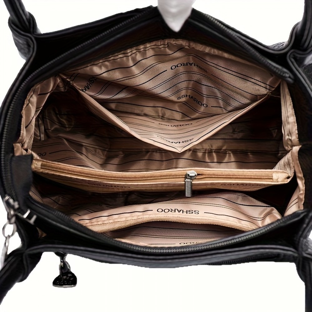 Black Lychee Pattern Women's Handbag, Dual-Use Tote and Crossbody Bag for Mom with Large Capacity & Multiple Compartments - Vintage Textured Shoulder Purse Suitable for Office Workplace Daily Shopping Casually Outing Moms with s Light Business Occasions