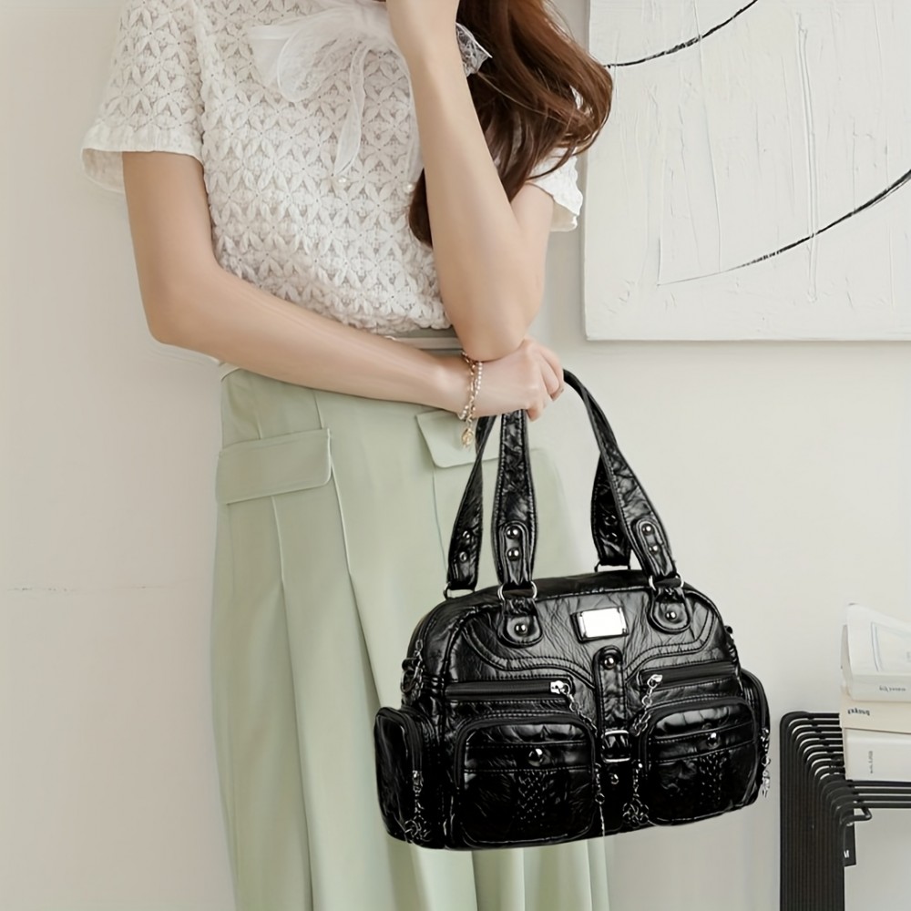 Women'S Vintage Y2K Punk Handbag with Multiple Pockets - Gothic Punk Style Tote Bag, Golden-Tone Hardware & Chain Strap, Zipper Closure, Polyester, For Everyday & Special Events - Retro Women'S Purse, Party Accessory, Edgy Fashion