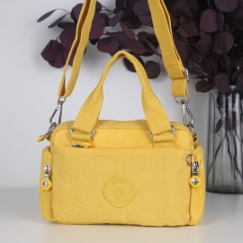 BO Women's Korean- Inspired Multi-Pocket Crossbody Bag - Lightweight Nylon Messenger Purse with Adjustable Wide Strap, Golden-Tone Hardware & Korean Brand Logo-Like Emblem, Mustard Yellow/Dark Blue/ Grey/Navy, School, Travel,