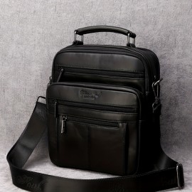 Men'S Genuine Leather Crossbody Bag - Casual Business Style, High-End Texture, Multi-Functional Large Capacity Shoulder Bag with Adjustable Strap, Black, Daily Commute Essentials | Sleek Black Bag | Secure Zipper Closure