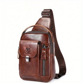 Men'S Genuine Leather Chest Bag - Adjustable Strap, Multiple Compartments for iPad & Tablets, Casual Crossbody Design for Daily Commute & Work, Leather Purse
