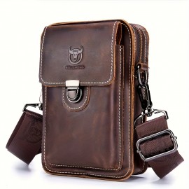 Men's Genuine Leather Crossbody Bag with Adjustable Strap - Brown One Shoulder Backpack, Front Flap Closure & Metal Eyelets - Compact Everyday, Motorcycle, Formal Bag - Sturdy First-Layer Cowhide Construction for Men, Secure Travel Pouch, Vintage Aesthetic